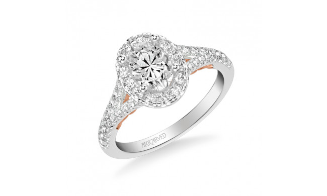 Artcarved Bridal Semi-Mounted with Side Stones Classic Lyric Halo Engagement Ring Augusta 18K White Gold Primary & Rose Gold - 31-V1003EVWR-E.03