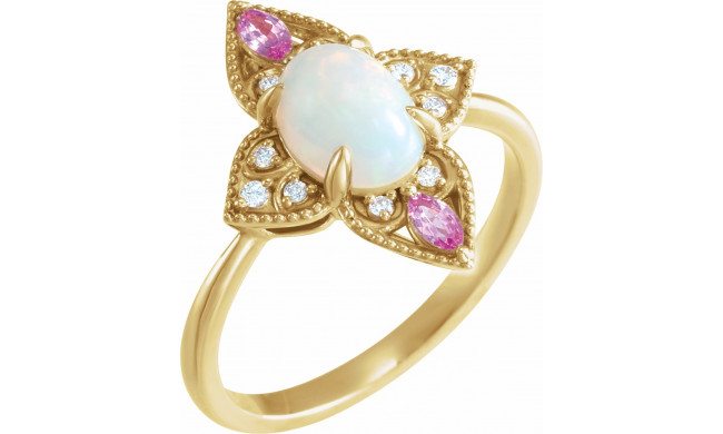 14K Yellow Ethiopian Opal, Pink Sapphire & .05 CTW Diamond Vintage-Inspired Ring - 72095601P