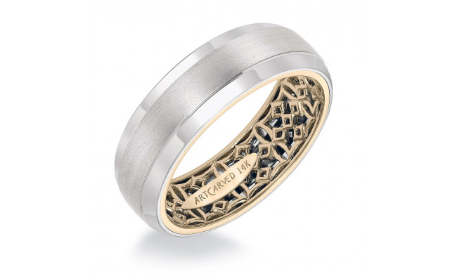 ArtCarved 14k Two Tone Gold Carved Inside, Satin and Polished Outside Wedding Band