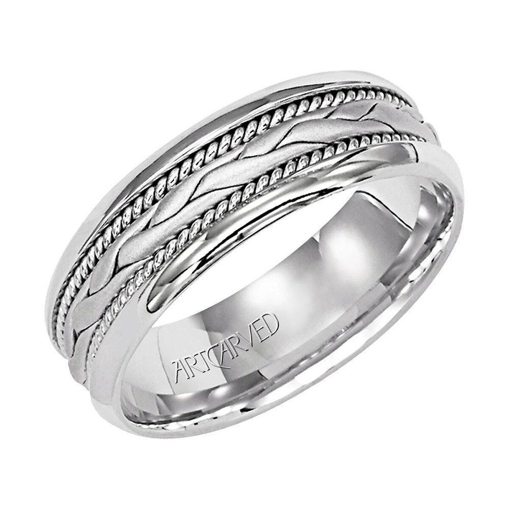 ArtCarved 18k White Gold Carved Milgrain Wedding Band