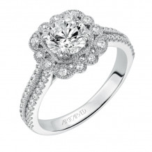 Artcarved Bridal Semi-Mounted with Side Stones Vintage Floral Halo Engagement Ring Jasmine 14K White Gold - 31-V565ERW-E.01
