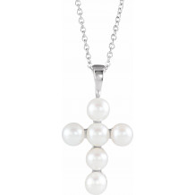14K White Freshwater Cultured Pearl Cross 16-18 Necklace - R42366605P